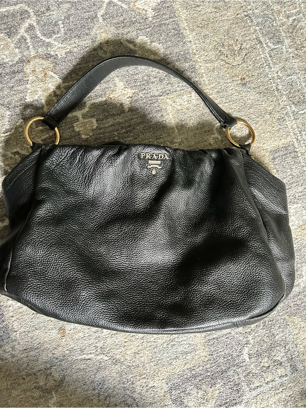 Prada Black Pebbled Leather Shoulder Hobo with Gold Rings